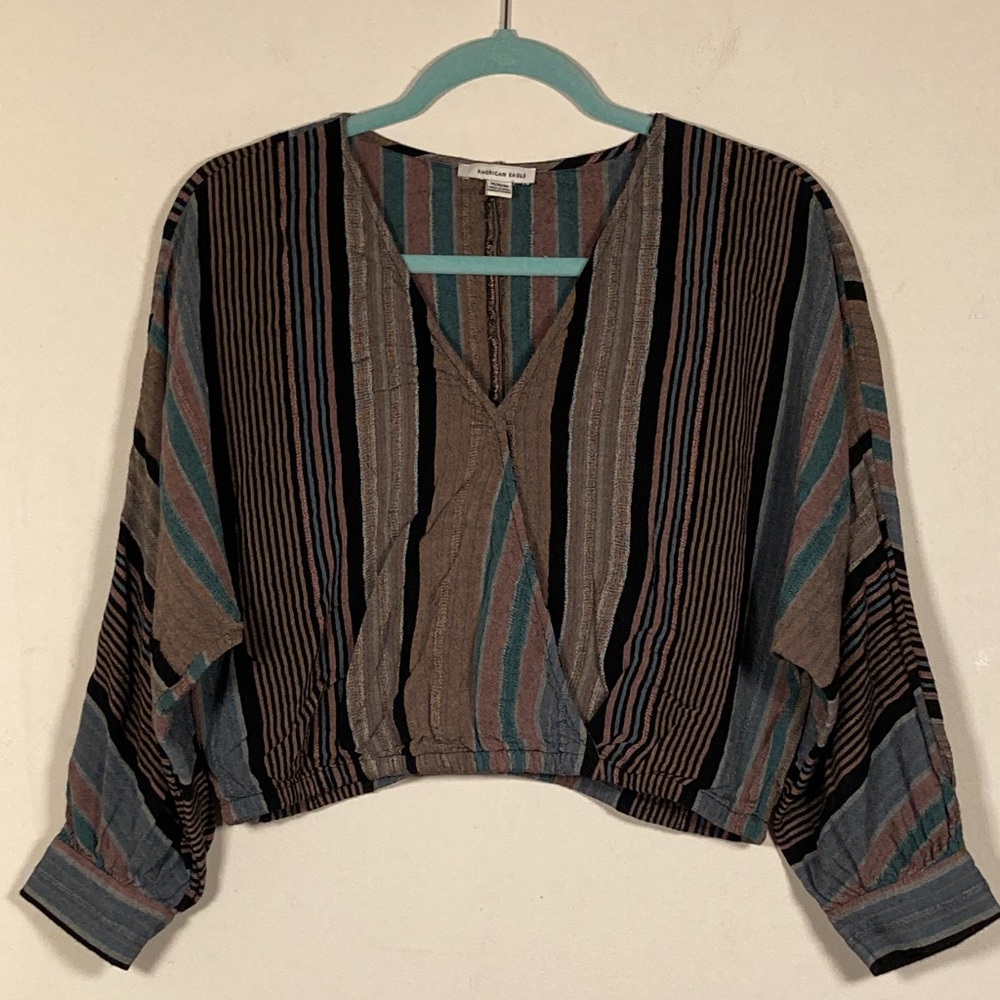 American Eagle Baja Bohemian Wrap Cropped Top Sz MD Festival Beachy Striped